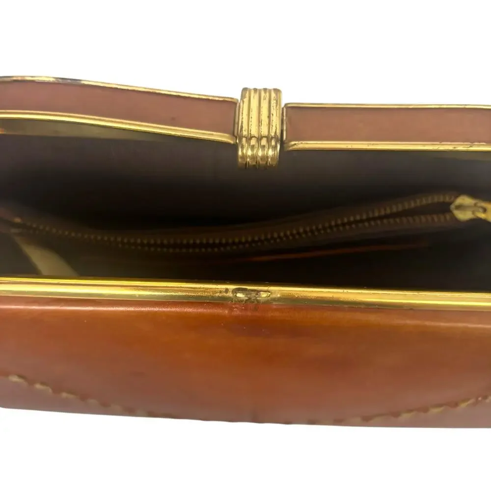 Vintage 1950s Brown Leather Frame Clutch Shoulder Bag Whipstitch